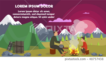 Flat Banner Overnight Stay Tent with Bonfire. Flat Banner Overnight Stay Tent with Bonfire. 48757438