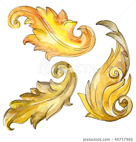 Gold monogram floral ornament. Baroque design isolated elements. Watercolor background illustration 48757988