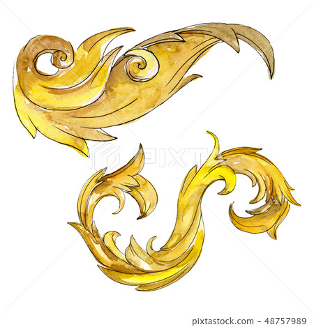 Gold monogram floral ornament. Baroque design isolated elements. Watercolor background illustration 48757989