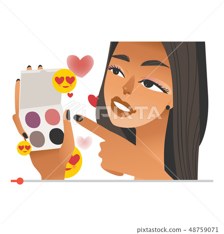 Female beauty vlogger with eye shadows in hands on internet video screen. 48759071