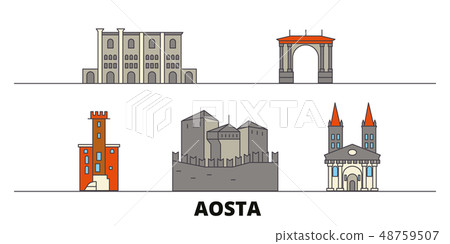 Italy, Aosta flat landmarks vector illustration. Italy, Aosta line city with famous travel sights Italy, Aosta flat landmarks vector illustration. Italy, Aosta line city with famous travel sights 48759507