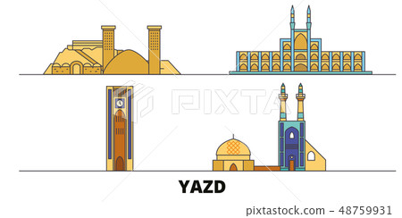Iran, Yazd flat landmarks vector illustration. Iran, Yazd line city with famous travel sights 48759931