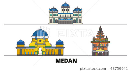 Indonesia, Medan flat landmarks vector illustration. Indonesia, Medan line city with famous travel Indonesia, Medan flat landmarks vector illustration. Indonesia, Medan line city with famous travel 48759941