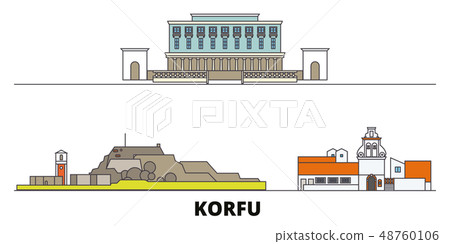 Greece, Korfu flat landmarks vector illustration. Greece, Korfu line city with famous travel sights Greece, Korfu flat landmarks vector illustration. Greece, Korfu line city with famous travel sights 48760106