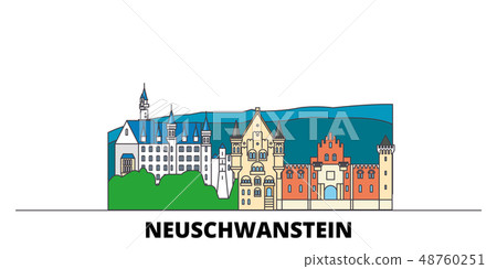 Germany, Neuschwanstein flat landmarks vector illustration. Germany, Neuschwanstein line city with 48760251