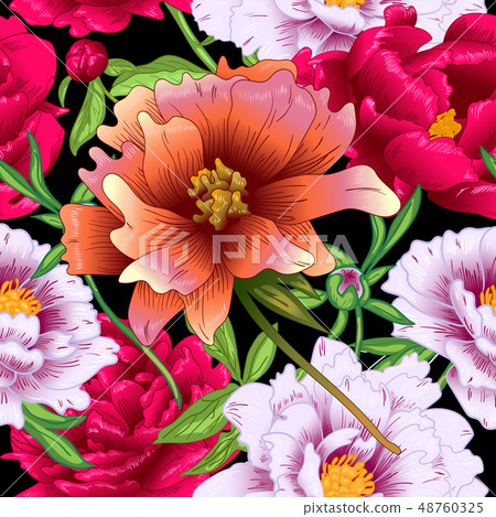 Vector red and pink peony floral botanical flowers. Engraved ink art. Seamless background pattern. Vector red and pink peony floral botanical flowers. Engraved ink art. Seamless background pattern. 48760325