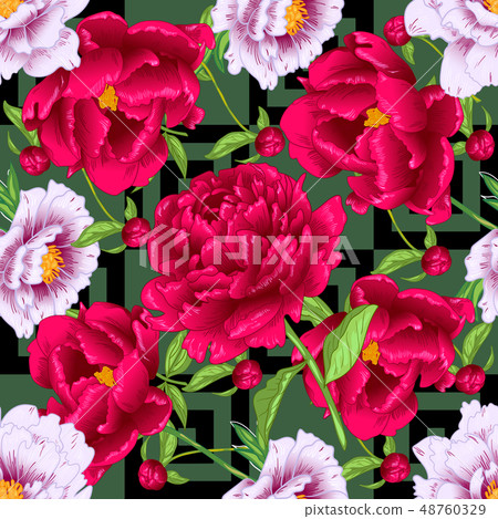 Vector red and pink peony floral botanical flowers. Engraved ink art. Seamless background pattern. Vector red and pink peony floral botanical flowers. Engraved ink art. Seamless background pattern. 48760329