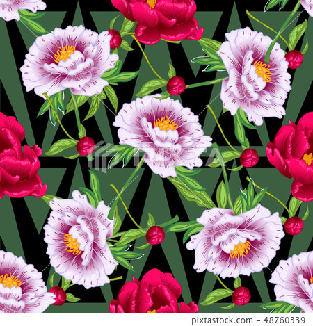 Vector red and pink peony floral botanical flowers. Engraved ink art. Seamless background pattern. Vector red and pink peony floral botanical flowers. Engraved ink art. Seamless background pattern. 48760339