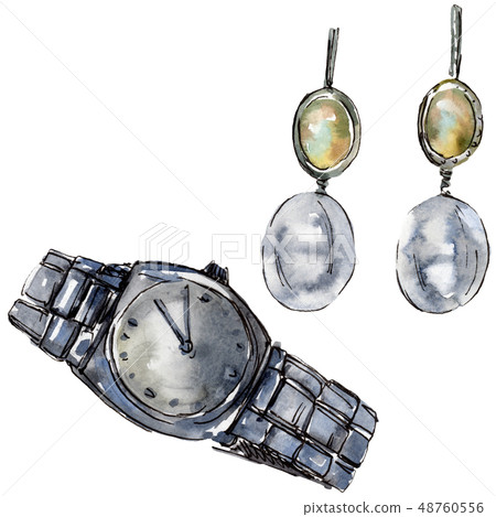 Earrings and watch sketch glamour illustration in a watercolor style isolated element. Watercolour Earrings and watch sketch glamour illustration in a watercolor style isolated element. Watercolour 48760556