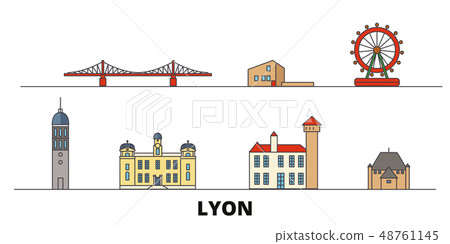 France, Lyon flat landmarks vector illustration. France, Lyon line city with famous travel sights 48761145
