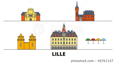 France, Lille flat landmarks vector illustration. France, Lille line city with famous travel sights 48761147