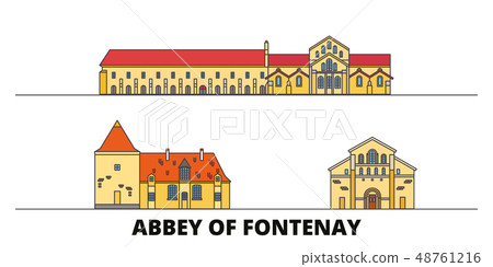 France, Abbey Of Fontenay flat landmarks vector illustration. France, Abbey Of Fontenay line city France, Abbey Of Fontenay flat landmarks vector illustration. France, Abbey Of Fontenay line city 48761216
