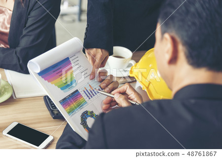 Team meeting showing report discussing sale report Team meeting showing report discussing sale report 48761867
