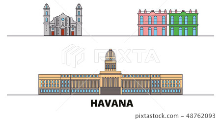 Cuba, Havana City flat landmarks vector illustration. Cuba, Havana City line city with famous travel Cuba, Havana City flat landmarks vector illustration. Cuba, Havana City line city with famous travel 48762093