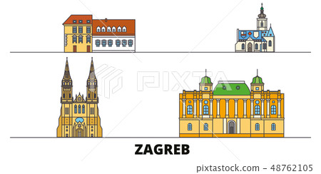 Croatia, Zagreb flat landmarks vector illustration. Croatia, Zagreb line city with famous travel Croatia, Zagreb flat landmarks vector illustration. Croatia, Zagreb line city with famous travel 48762105