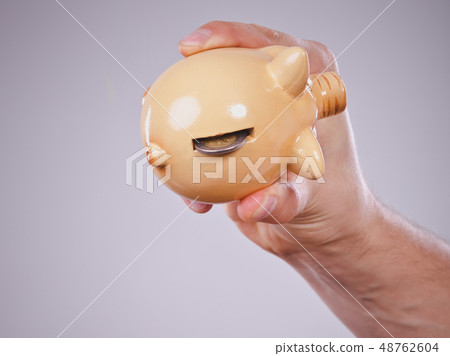 Male hand with coins and piggybank 48762604