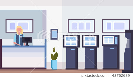 cashier woman at cash desk financial consulting center with atm payment terminal modern bank office 48762689