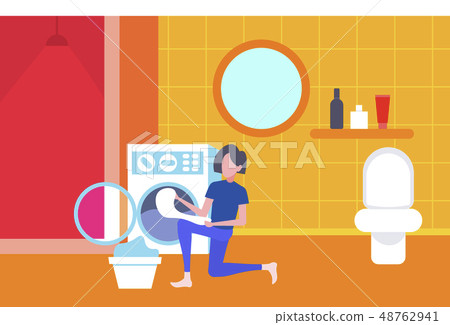 woman putting dirty clothes in washing machine housewife doing housework laundry room interior woman putting dirty clothes in washing machine housewife doing housework laundry room interior 48762941