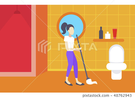 woman cleaning bathroom housewife mopping floor bath room or toilet interior girl washing with mop 48762943