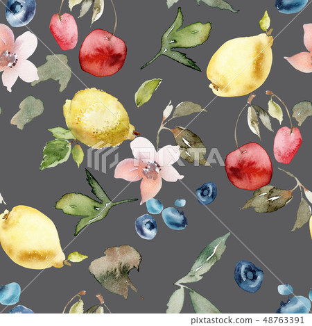 Watercolor pattern with fruits and berries. 48763391