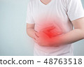 Asian Young men are suffering from stomach ulcers. 48763518