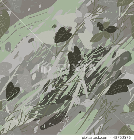 Military camouflage texture with trees, branches, grass and watercolor stains 48763576