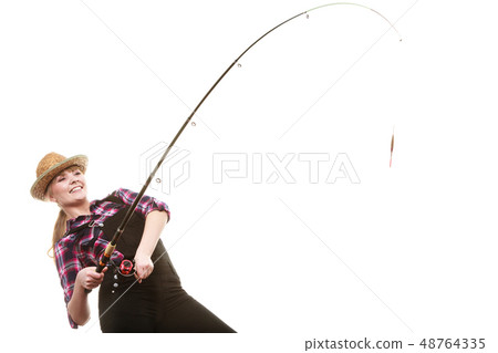 Happy woman in sun hat holding fishing rod 48764335