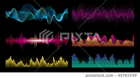 Colorful sound waves on black background set, audio player, equalizer Colorful sound waves on black background set, audio player, equalizer 48765549
