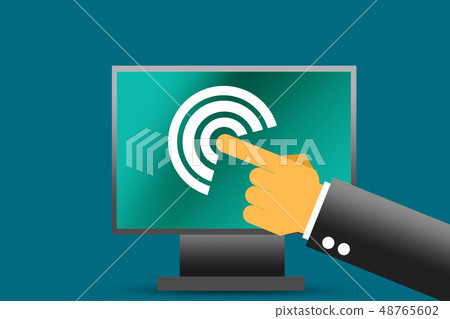 Finger touching digital screen on computer 48765602