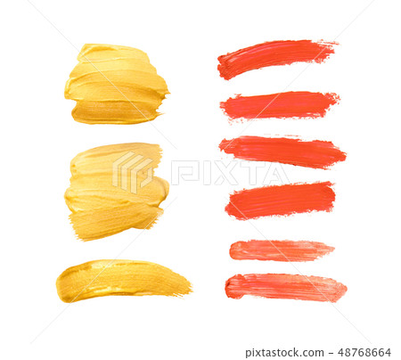 Set of gold, living coral and red strokes isolated on white background. Lipstick bullet smudged 48768664