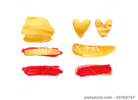 Set of gold and red strokes isolated on white background. Lipstick bullet smudged. Beautiful 48768747