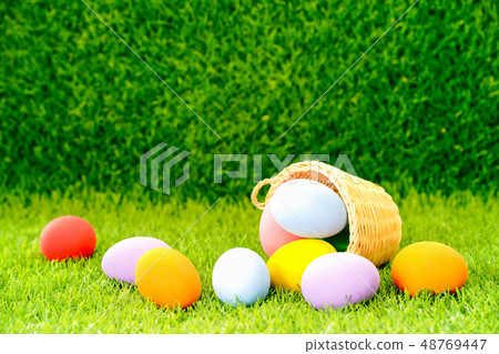 Easter eggs in the basket on green grass Easter eggs in the basket on green grass 48769447