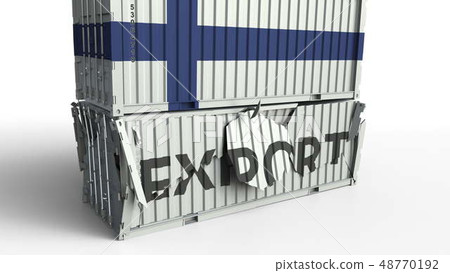 Container with EXPORT text being crashed with container with flag of Finland, conceptual 3D 48770192
