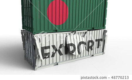 Cargo container with flag of Bangladesh breaks container with EXPORT text. Conceptual 3D rendering Cargo container with flag of Bangladesh breaks container with EXPORT text. Conceptual 3D rendering 48770213