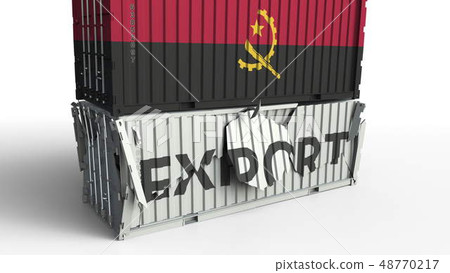 Container with flag of Angola breaking container with EXPORT text. Conceptual 3D rendering Container with flag of Angola breaking container with EXPORT text. Conceptual 3D rendering 48770217