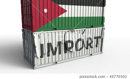 Cargo container with flag of Jordan breaks container with IMPORT text. Conceptual 3D rendering 48770302