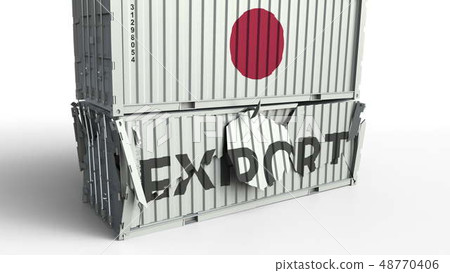 Container with EXPORT text being crashed with container with flag of Japan, conceptual 3D rendering Container with EXPORT text being crashed with container with flag of Japan, conceptual 3D rendering 48770406