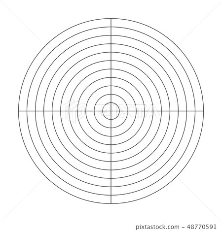 Polar grid of 10 concentric circles and 90 degrees steps. Blank vector polar graph paper 48770591