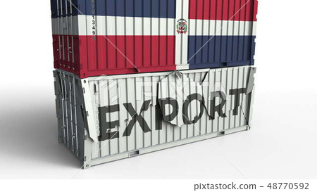 Cargo container with flag of the Dominican Republic breaks container with EXPORT text. Conceptual 3D 48770592