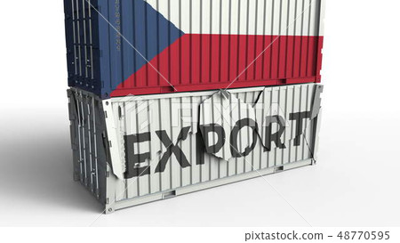 Cargo container with flag of the Czech Republic breaks container with EXPORT text. Conceptual 3D 48770595