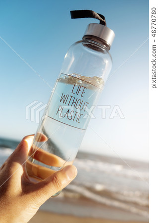 water bottle with the text life without plastic 48770780