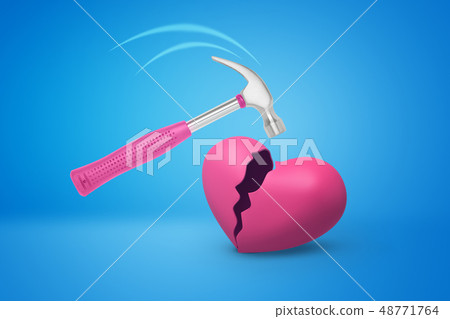 3d rendering of small hammer with pink handle breaking pink heart on blue background. 3d rendering of small hammer with pink handle breaking pink heart on blue background. 48771764