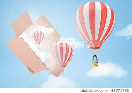 3d rendering of three striped hot-air balloons and several white clouds flying out of a big 48771778