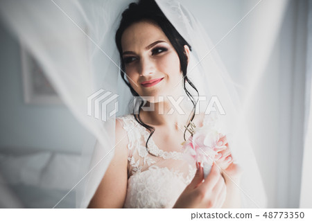 Gorgeous bride in robe posing and preparing for the wedding ceremony face in a room 48773350