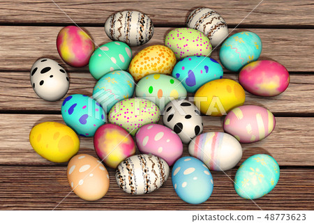 Topview colorful easter eggs on wood plate Topview colorful easter eggs on wood plate 48773623