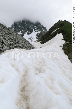 Mountain landscape with a snowfield and moraine Mountain landscape with a snowfield and moraine 48773933