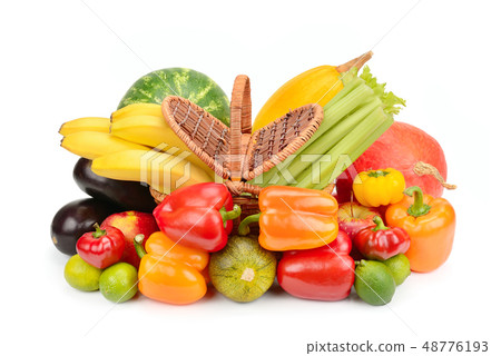 Set of vegetables and fruits in a wicker basket Set of vegetables and fruits in a wicker basket 48776193