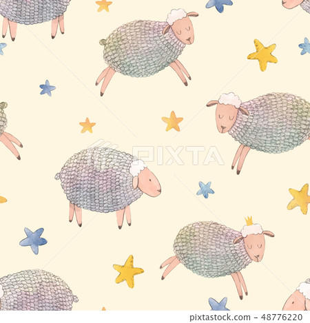 Watercolor sheep vector pattern 48776220