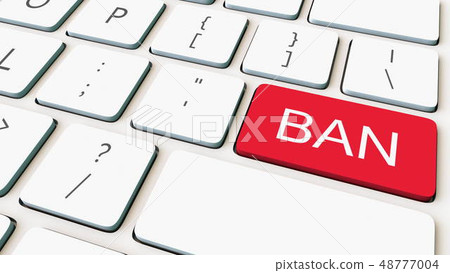 Close-up shot of white computer keyboard and red ban key. Conceptual 3D rendering Close-up shot of white computer keyboard and red ban key. Conceptual 3D rendering 48777004