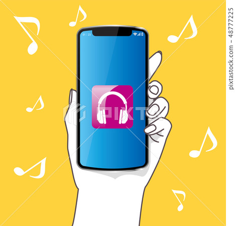 Illustration of the left hand with a smartphone (simple) | Headphones / music image / yellow background | 48777225